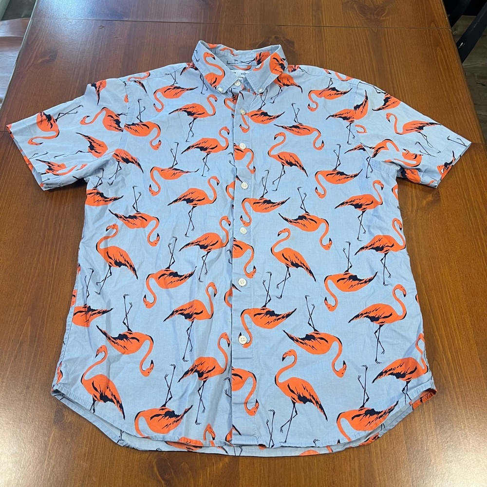 Old Navy Mens Medium Flamingo Shirt Blue/Pink Short‎ Sleeve Button Down